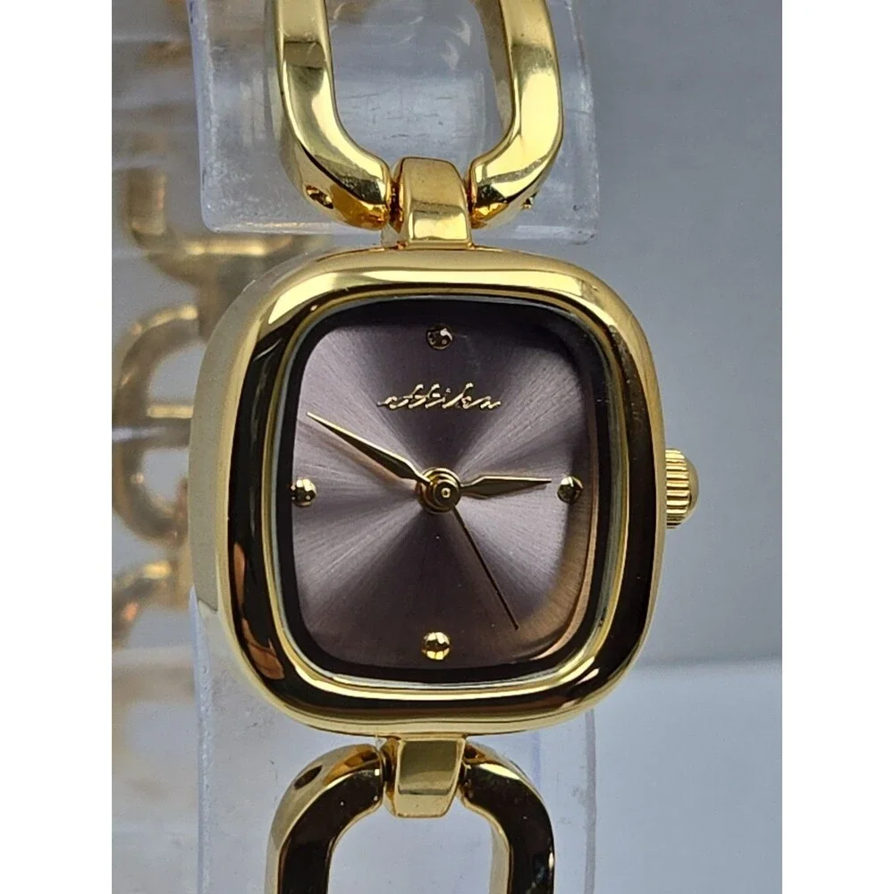 Ettika Square Link Womens 24K Gold Plated Quartz Bracelet Watch New Battery